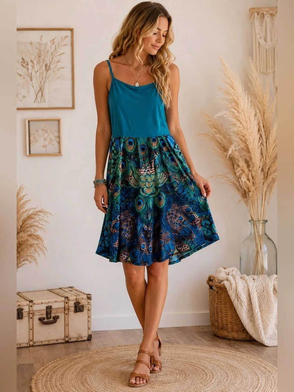 Amazon Teal and Peacock-Print Mini Dress